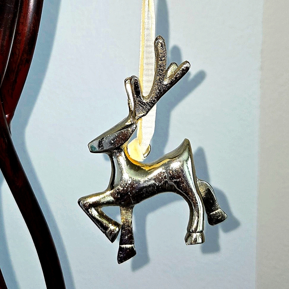 VTG 90s Brass Reindeer Christmas Ornament 4" w Ivory Velvet Ribbon Hanger Deer